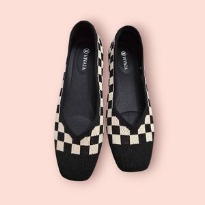 Vivaia Square-Toe V-Cut Flats (Margot 2.0) In Checker Print Black And White 7.5